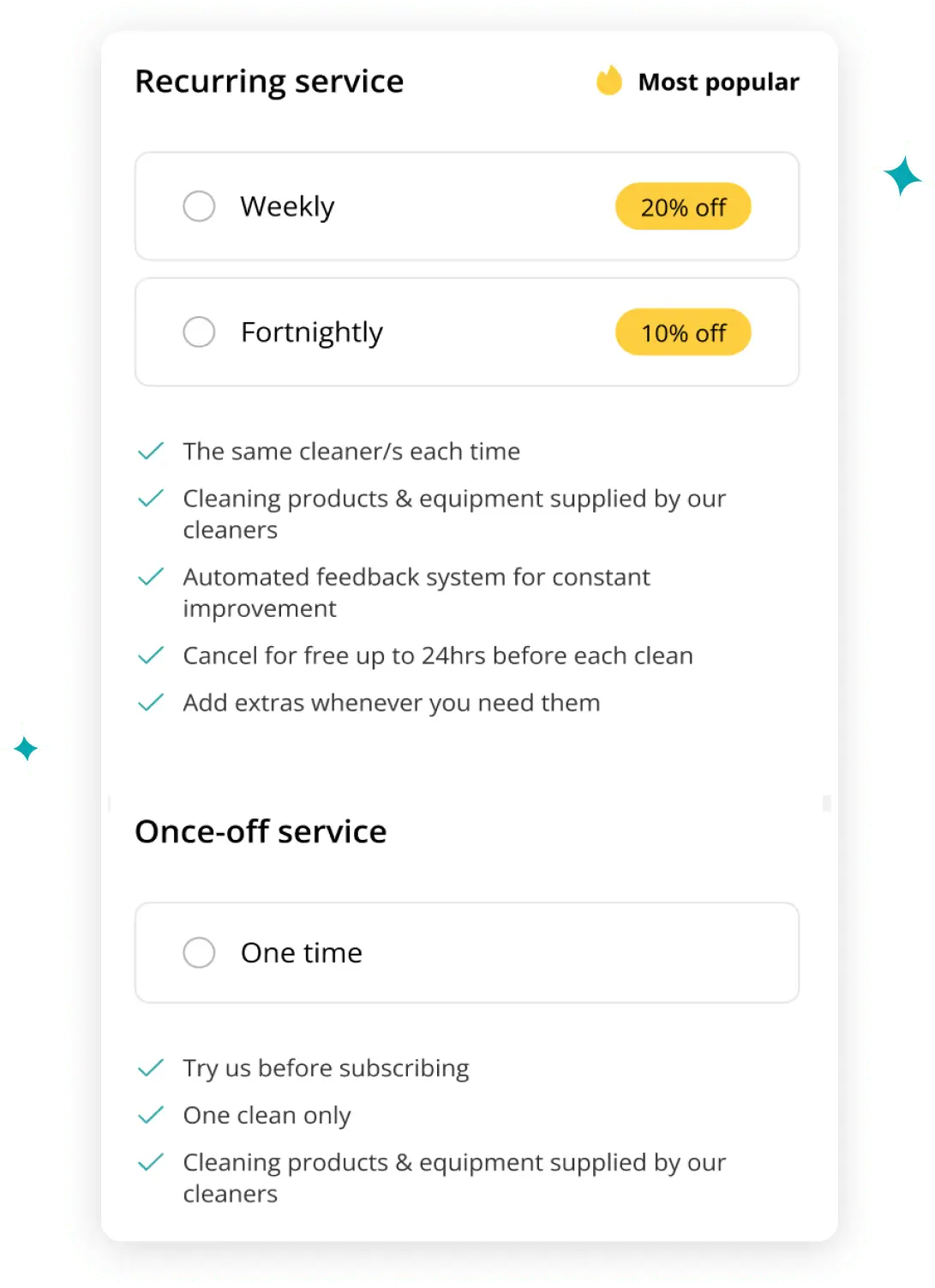 Simply Spotless cleaning services, service frequency on booking form visualisation